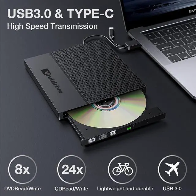 Alt view image 3 of 6 - External CD/DVD Drive for Laptop, USB 3.0 Type-C USB Portable player for Laptop CD DVD +/-RW Disk Drive CD ROM Burner Writer CD/DVD Burner Reader Compatible with Desktop Windows Linux Apple