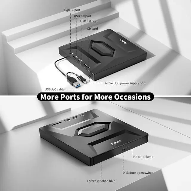 Alt view image 2 of 7 - External CD/DVD Drive for Laptop, Type-C USB 3.0 Portable CD Player DVD Burner with SD Slot & USB Ports DVD 8X CD 24X Super Fast Speed for Windows/Mac OS/Linux/Vista
