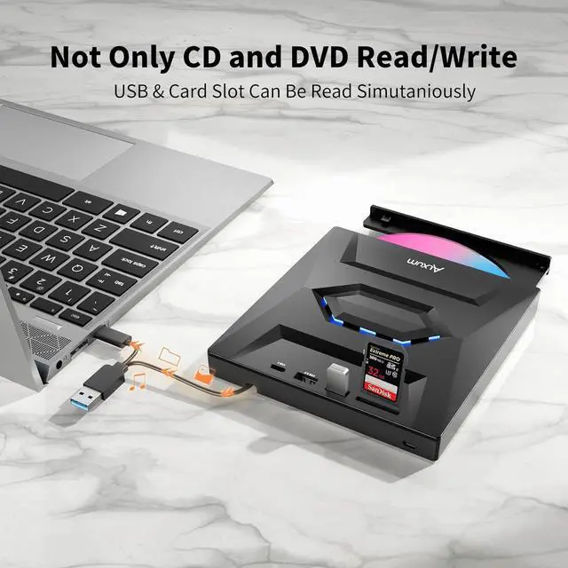 Alt view image 3 of 7 - External CD/DVD Drive for Laptop, Type-C USB 3.0 Portable CD Player DVD Burner with SD Slot & USB Ports DVD 8X CD 24X Super Fast Speed for Windows/Mac OS/Linux/Vista