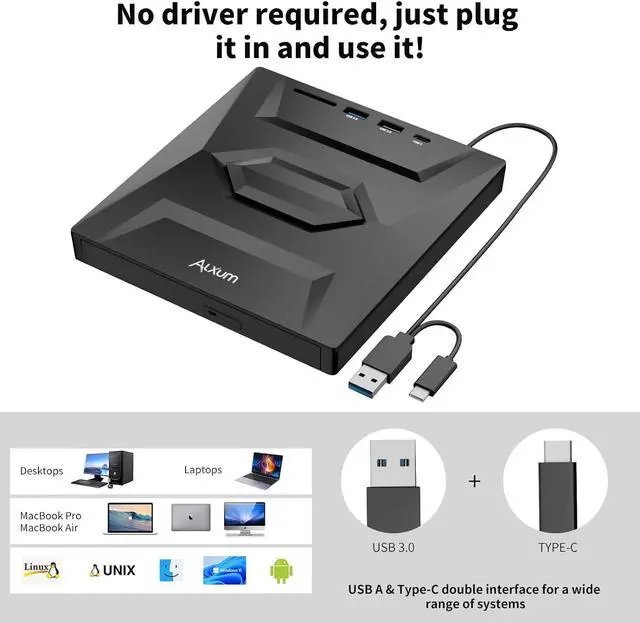 Alt view image 4 of 7 - External CD/DVD Drive for Laptop, Type-C USB 3.0 Portable CD Player DVD Burner with SD Slot & USB Ports DVD 8X CD 24X Super Fast Speed for Windows/Mac OS/Linux/Vista
