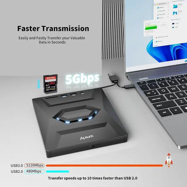 Alt view image 6 of 7 - External CD/DVD Drive for Laptop, Type-C USB 3.0 Portable CD Player DVD Burner with SD Slot & USB Ports DVD 8X CD 24X Super Fast Speed for Windows/Mac OS/Linux/Vista
