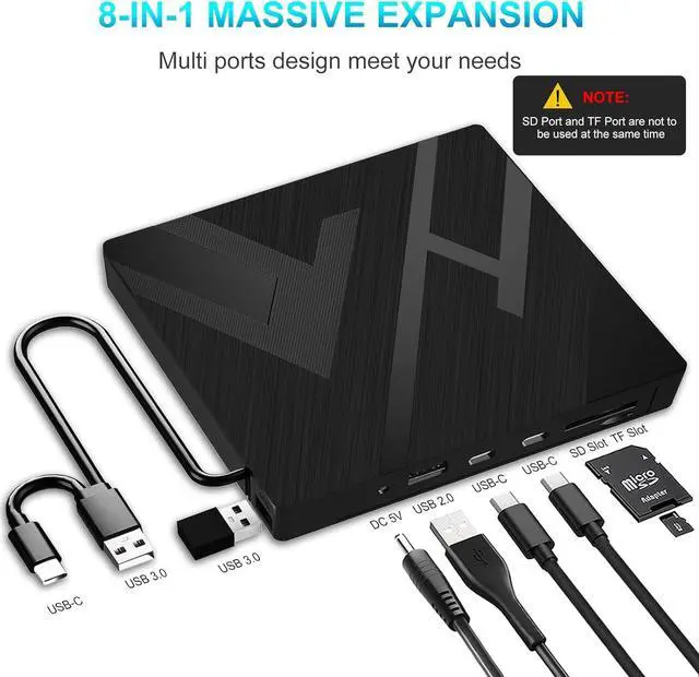 Alt view image 3 of 7 - 8 in 1 External CD/DVD Drive for Laptop USB 3.0 Type-C Portable CD/DVD +/-RW Burner Writer Player with SD/TF Card Slots Compatible for Desktop PC Mac OS MacBook Windows Linux
