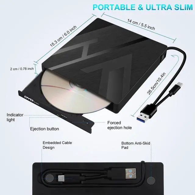 Alt view image 6 of 7 - 8 in 1 External CD/DVD Drive for Laptop USB 3.0 Type-C Portable CD/DVD +/-RW Burner Writer Player with SD/TF Card Slots Compatible for Desktop PC Mac OS MacBook Windows Linux