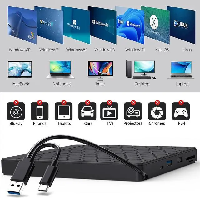 Alt view image 2 of 7 - External CD/DVD Drive for Laptop, USB 3.0 CD Burner External DVD Drive with 2 USB Ports and 2 TF/SD Card Slots, DVD Player for Laptop, External CD Drive for Laptop Mac,PC,Windows 11/10/8.1/7