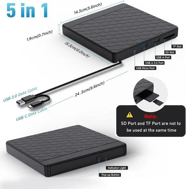 Alt view image 5 of 7 - External CD/DVD Drive for Laptop, USB 3.0 CD Burner External DVD Drive with 2 USB Ports and 2 TF/SD Card Slots, DVD Player for Laptop, External CD Drive for Laptop Mac,PC,Windows 11/10/8.1/7