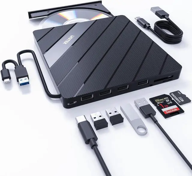 Main image of External DVD Driver USB C Portable CD/DVD +/-RW Drive/DVD Player with SD Card Reader USB 3.0 Hub USB C Power Port CD ROM Burner Compatible with Laptop Desktop PC Windows Linux OS Apple Mac