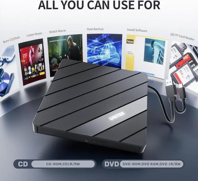 Alt view image 6 of 7 - External DVD Driver USB C Portable CD/DVD +/-RW Drive/DVD Player with SD Card Reader USB 3.0 Hub USB C Power Port CD ROM Burner Compatible with Laptop Desktop PC Windows Linux OS Apple Mac