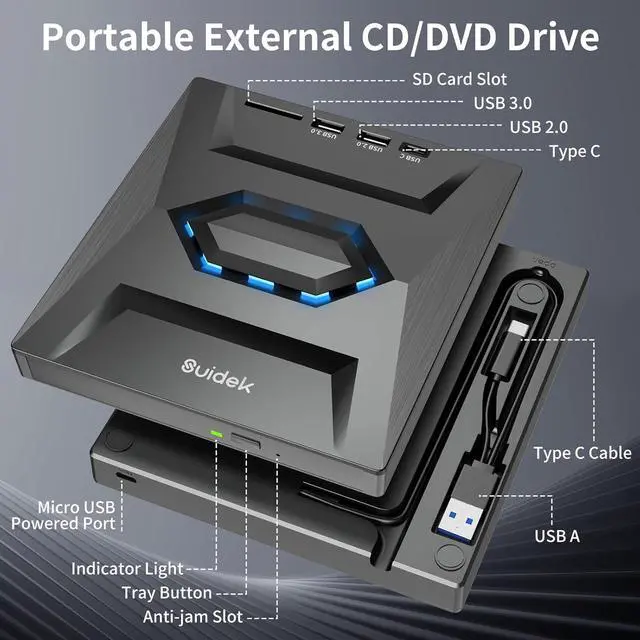 Alt view image 2 of 7 - External CD DVD Drive for Laptop, USB C Portable CD/DVD +/-RW Burner DVD Player for Laptop with SD Card Reader USB 3.0 Type C Hub Compatible with Laptop Desktop PC Windows Linux