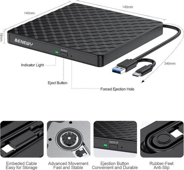 Alt view image 4 of 7 - External CD/DVD Drive for Laptop, USB 3.0 CD DVD +/-RW Drive Burner DVD Player, External CD ROM Reader Writer Optical Drive Compatible with Laptop PC Mac MacBook Windows 11/10/8.1/7 Linux