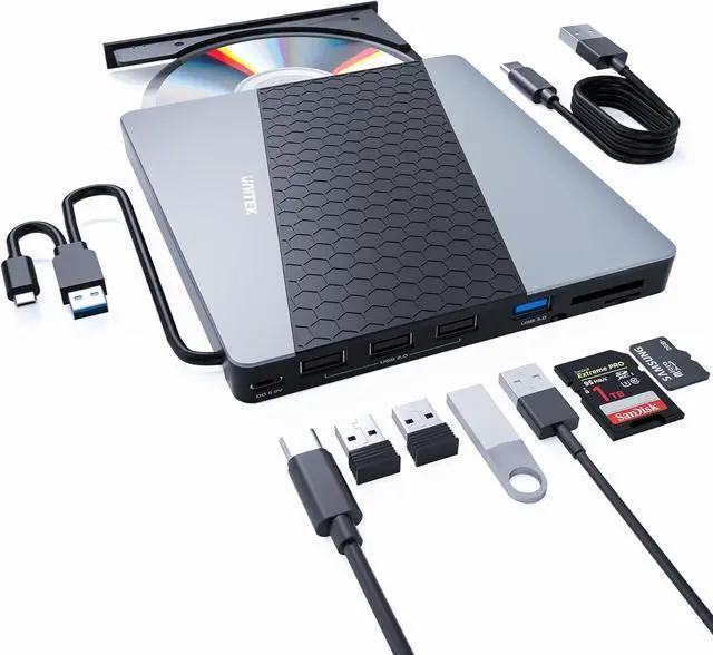 Main image of Unitek External CD DVD Drive, USB3.0/USB C 7-in-1 Portable CD DVD Player with Card Reader USB Hub CD ROM Burner Reader Supports Windows11/10/8.1/8/7/vista/2003/XP/2000/Surface,Linux,Mac 10 OS