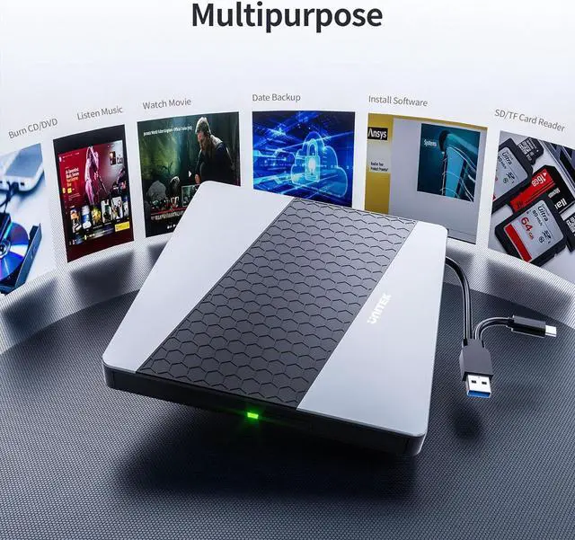 Alt view image 6 of 7 - Unitek External CD DVD Drive, USB3.0/USB C 7-in-1 Portable CD DVD Player with Card Reader USB Hub CD ROM Burner Reader Supports Windows11/10/8.1/8/7/vista/2003/XP/2000/Surface,Linux,Mac 10 OS