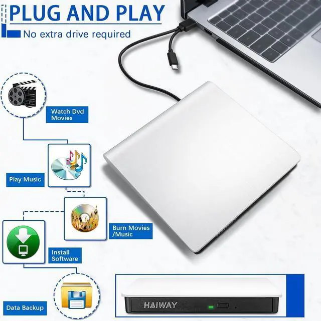 Alt view image 3 of 7 - External DVD Drive, USB 3.0 Type-C CD Burner Portable CD DVD +/-RW Optical Drive Slim CD DVD ROM Rewriter CD/DVD Player Writer Reader for Laptop Desktop MacBook PC Windows Linux Mac OS (White)