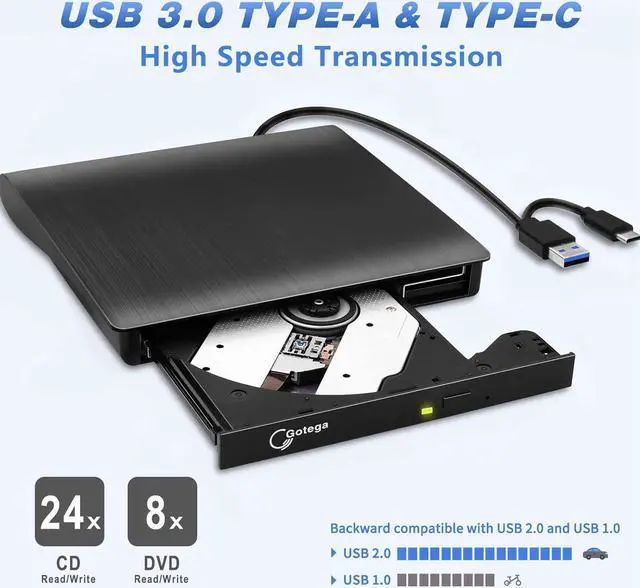 Alt view image 2 of 7 - External DVD Drive USB 3.0 TYPE C Portable CD/DVD +/-RW Disk Drive DVD Player for Laptop CD/DVD ROM Burner Reader with Protective Carrying Case & 10 Blank Discs for Laptop Desktop Windows Linux Mac