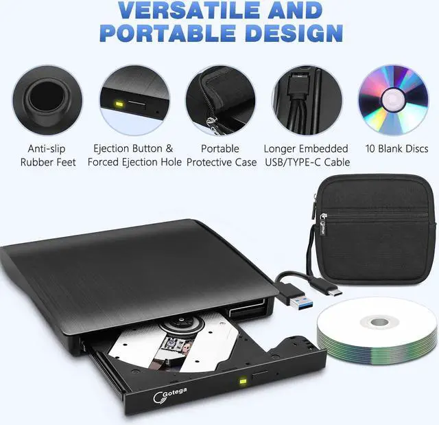 Alt view image 4 of 7 - External DVD Drive USB 3.0 TYPE C Portable CD/DVD +/-RW Disk Drive DVD Player for Laptop CD/DVD ROM Burner Reader with Protective Carrying Case & 10 Blank Discs for Laptop Desktop Windows Linux Mac