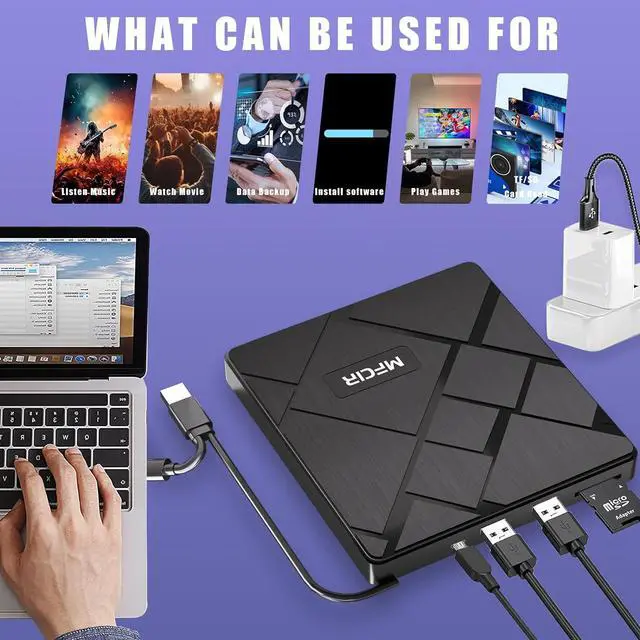 Alt view image 2 of 6 - External CD/DVD Drive for Laptop CD Burner External DVD Drive, CD ROM DVD Player Portable CD Reader for Laptop, Compatible with Laptop PC Windows 11/10//7 Linux Mac OS