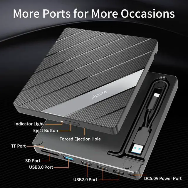 Alt view image 3 of 7 - External CD/DVD Drive for Laptop, 7 in 1 USB Ultra-Slim Portable CD/DVD Player Burner, Slot Type CD ROM Burner Writer External Disk Drive Compatible with Laptop PC MacBook Windows Linux