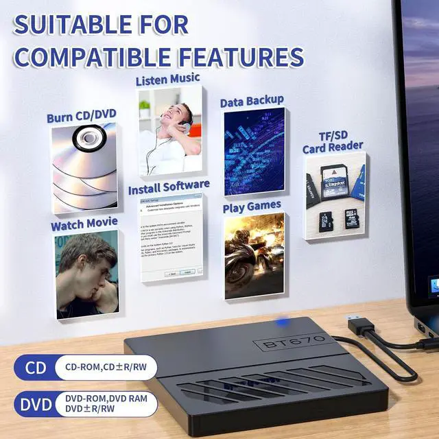 Alt view image 5 of 7 - External CD DVD Drive USB C USB 3.0, Portable CD DVD +/-RW Burner DVD Player for Laptop 8 in 1 Hub with SD/Micro SD Card Reader Compatible with Laptop Desktop Mac PC Windows Linux