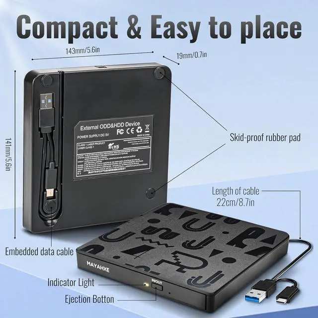 Alt view image 4 of 7 - External CD/DVD Drive for Laptop USB 3.0 Portable RW Drive/DVD Player for Laptop CD ROM Burner Compatible with Laptop Desktop PC Windows Linux OS Mac Black