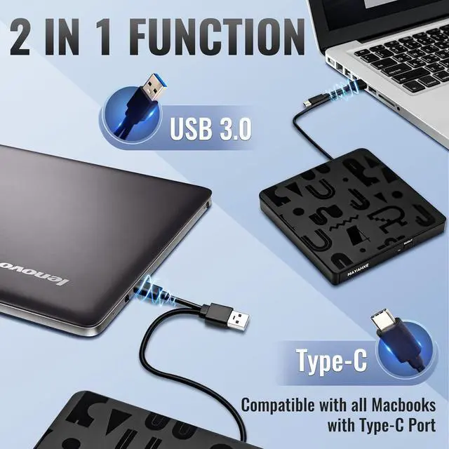Alt view image 3 of 7 - External CD/DVD Drive for Laptop USB 3.0 Portable RW Drive/DVD Player for Laptop CD ROM Burner Compatible with Laptop Desktop PC Windows Linux OS Mac Black