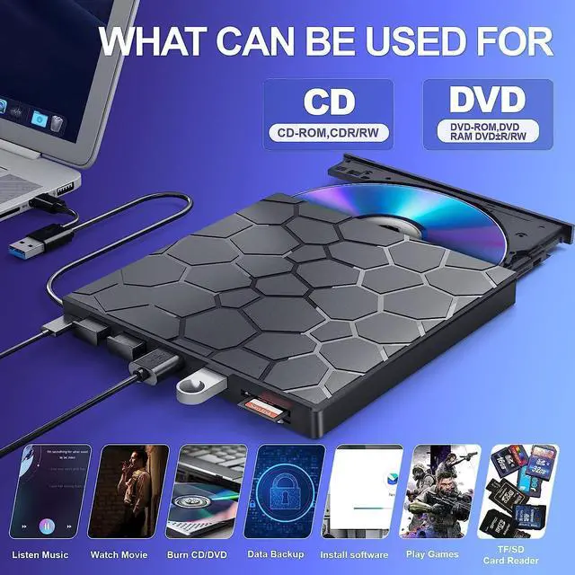 Alt view image 2 of 7 - External CD/DVD Drive for Laptop, 7-IN-1 USB 3.0 Slim Portable DVD Player, CD ROM Burner, Writer, and External Disk Drive Optical Compatible with Laptop Desktop PC Windows Mac Linux OS (BLACK)