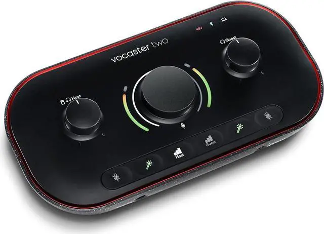 Main image of Podcasting Interface for Recording Host and Guest. Two Mic Inputs and Two Headphone Outputs, with Auto Gain, Enhance, and Mute. Small, Lightweight, and Powered by Computer.