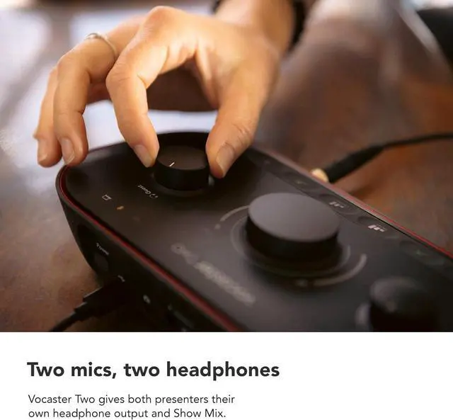 Alt view image 6 of 6 - Podcasting Interface for Recording Host and Guest. Two Mic Inputs and Two Headphone Outputs, with Auto Gain, Enhance, and Mute. Small, Lightweight, and Powered by Computer.