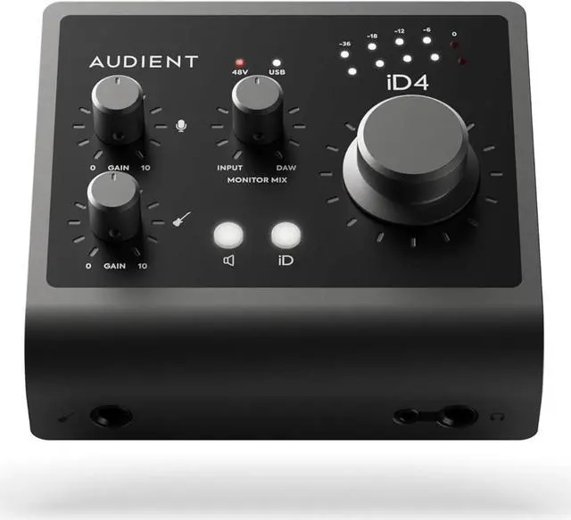 Main image of Audient Audio Interface iD4 MKII, Class A Console Microphone Preamp (High Speed USB-C, Monitor Mix and Monitor Panning Function, 2 Headphone Outputs, Mac/PC/iOS Compatible), Black