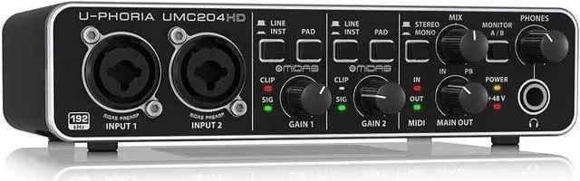 Alt view image 3 of 5 - Behringer U-Phoria UMC204HD Audiophile 2x4 USB Audio/MIDI Interface with MIDAS Mic Preamplifiers, 24-Bit/192kHz Resolution