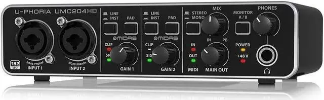 Alt view image 4 of 5 - Behringer U-Phoria UMC204HD Audiophile 2x4 USB Audio/MIDI Interface with MIDAS Mic Preamplifiers, 24-Bit/192kHz Resolution