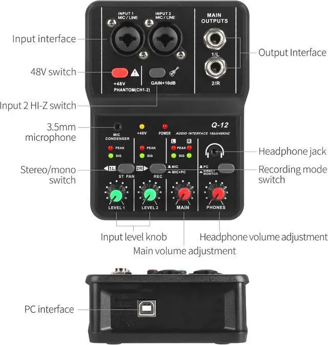 Alt view image 7 of 7 - USB Audio Interface for PC,Interface for Recording Music Computer Recording Audio Interface XLR with 3.55m Microphone Jack, USB Sound Card for Recording Studio, Ultra-low Latency Plug&Play, Q-12
