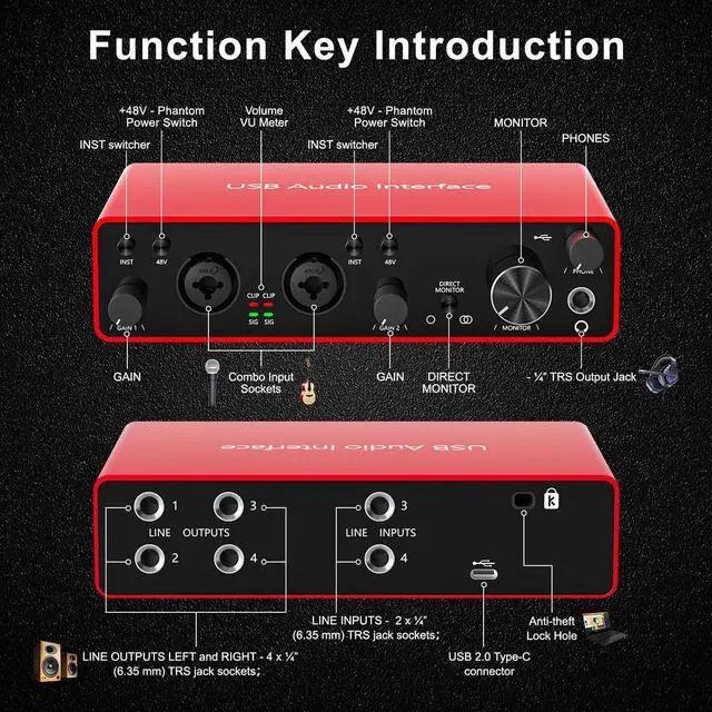 Alt view image 2 of 7 - 2i2 USB Audio Interface with 48V Phantom Power 24Bit/192kHz 4 Line Outputs & 2 Line Inputs for the Musicians, Vocalist, Podcaster,USB Audio Interface Works with Most DAWs and Recording Software