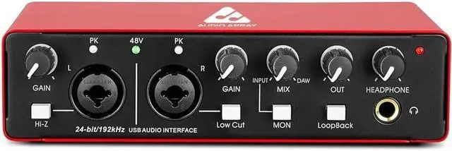 Main image of AI-04 2x2 Audio Interface | Premium Mic Pre-Amps | 48V Phantom Power Support | 24-bit/192kHz High Fidelity Recording | XLR/MIC/LINE inputs | Plug and Play-No Drivers | Metal Body | Red