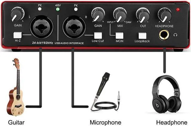 Alt view image 3 of 6 - AI-04 2x2 Audio Interface | Premium Mic Pre-Amps | 48V Phantom Power Support | 24-bit/192kHz High Fidelity Recording | XLR/MIC/LINE inputs | Plug and Play-No Drivers | Metal Body | Red