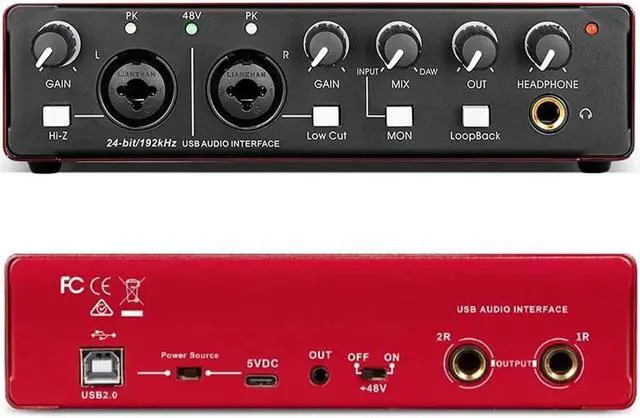 Alt view image 5 of 6 - AI-04 2x2 Audio Interface | Premium Mic Pre-Amps | 48V Phantom Power Support | 24-bit/192kHz High Fidelity Recording | XLR/MIC/LINE inputs | Plug and Play-No Drivers | Metal Body | Red