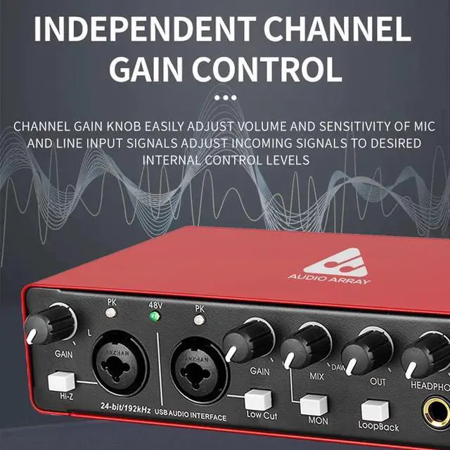 Alt view image 4 of 6 - AI-04 2x2 Audio Interface | Premium Mic Pre-Amps | 48V Phantom Power Support | 24-bit/192kHz High Fidelity Recording | XLR/MIC/LINE inputs | Plug and Play-No Drivers | Metal Body | Red