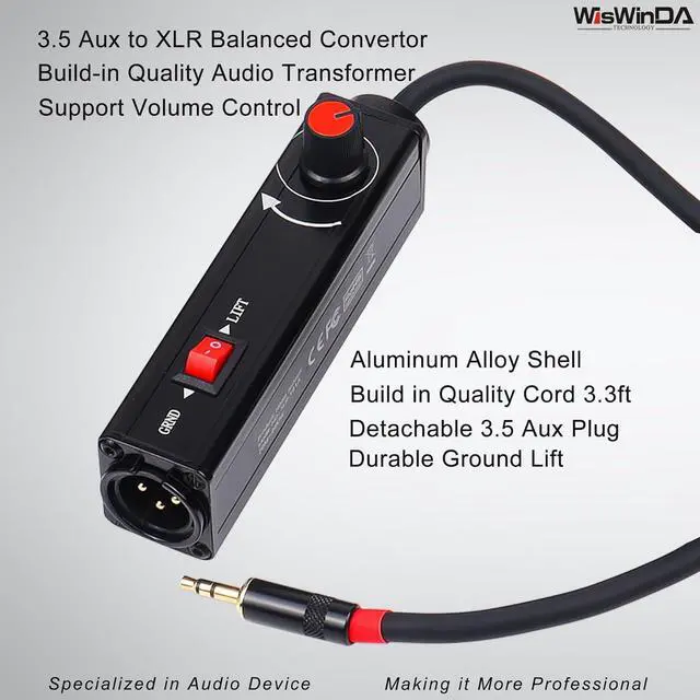 Alt view image 2 of 7 - Pro101A AUX to XLR Isolation Box with Volume Controller and Ground Lift Switch Build-in Cord Length 3.3ft with Detachable 3.5mm Aux Gold Coating Plug (Pro 101A Aux-XLR)