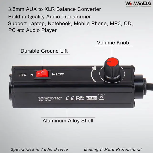 Alt view image 3 of 7 - Pro101A AUX to XLR Isolation Box with Volume Controller and Ground Lift Switch Build-in Cord Length 3.3ft with Detachable 3.5mm Aux Gold Coating Plug (Pro 101A Aux-XLR)