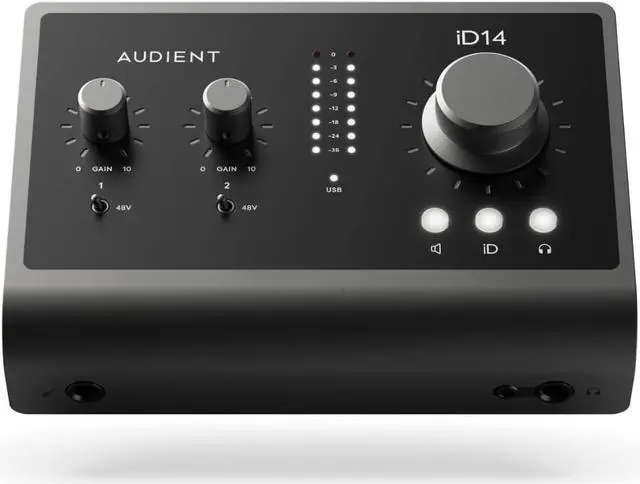 Main image of Audient Audio Interface iD14 MKII, 2 Class-A Microphone Preamps (High Performance USB Audio Interface, USB-C Connector, Monitor Mix and Monitor Panning Function, 2 Headphone Outputs), Black