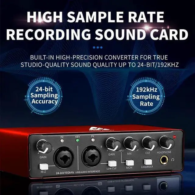 Alt view image 2 of 6 - AI-04 2x2 Audio Interface | Premium Mic Pre-Amps | 48V Phantom Power Support | 24-bit/192kHz High Fidelity Recording | XLR/MIC/LINE inputs | Plug and Play-No Drivers | Metal Body | Red