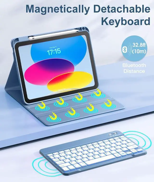 Alt view image 4 of 7 - Keyboard Case for iPad 11th 10th Generation Case with Keyboard - 7 Colors Backlit Wireless Detachable Folio Keyboard Cover with Pencil Holder for iPad 11-inch A16 2025 10th Gen 10.9 Inch 2022 (Blue)