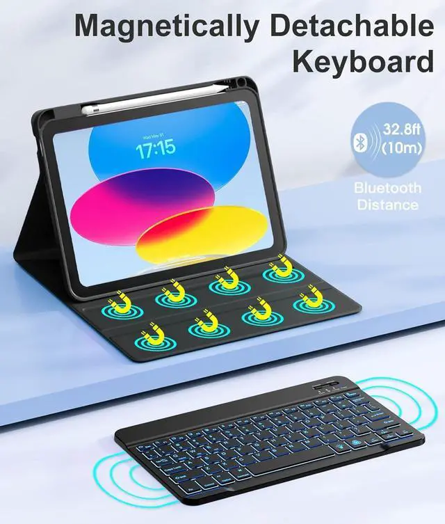 Alt view image 4 of 7 - Keyboard Case for iPad 11th 10th Generation Case with Keyboard - 7 Colors Backlit Wireless Detachable Folio Keyboard Cover with Pencil Holder for iPad 11-inch A16 2025 10th Gen 10.9 Inch 2022 (Black)