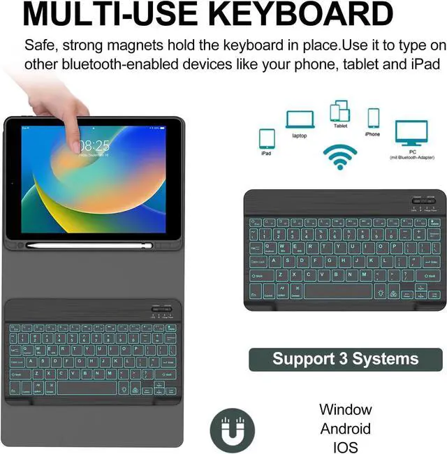 Alt view image 4 of 7 - BORIYUAN New iPad 10.2 9th 8th 7th Generation 2021 Keyboard Case, 7 Colors Backlit Detachable Keyboard Slim Leather Folio Smart Cover for iPad 10.2 Inch/iPad Air 10.5"(3rd Gen)/iPad Pro 10.5"  Black