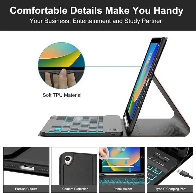 Alt view image 5 of 7 - BORIYUAN New iPad 10.2 9th 8th 7th Generation 2021 Keyboard Case, 7 Colors Backlit Detachable Keyboard Slim Leather Folio Smart Cover for iPad 10.2 Inch/iPad Air 10.5"(3rd Gen)/iPad Pro 10.5"  Black
