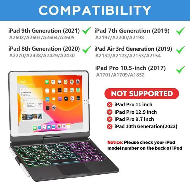 Alt view image 2 of 7 - Case For iPad 9th Generation Case with Keyboard 360° Rotatable Touchpad and 7 Color Backlight & Pencil Holder for iPad 9th/8th/7th Gen 10.2 inch & iPad Air 3rd Gen/iPad Pro 10.5 inch - Black