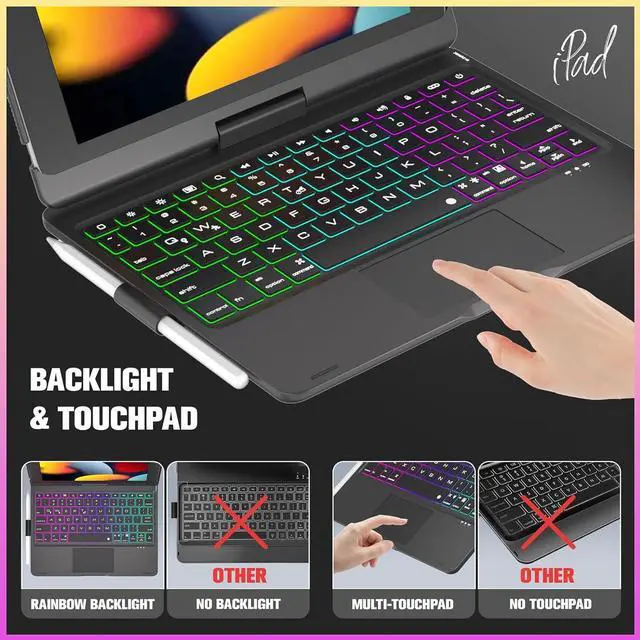 Alt view image 7 of 7 - Case For iPad 9th Generation Case with Keyboard 360° Rotatable Touchpad and 7 Color Backlight & Pencil Holder for iPad 9th/8th/7th Gen 10.2 inch & iPad Air 3rd Gen/iPad Pro 10.5 inch - Black
