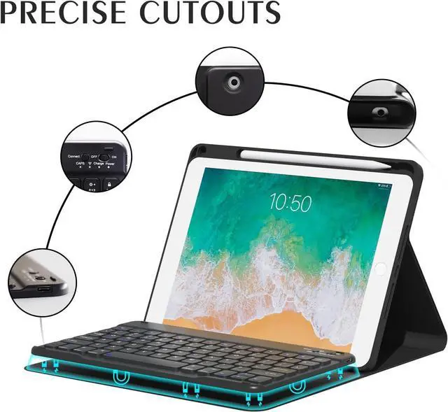 Alt view image 5 of 7 - Keyboard Case for iPad 9.7 inch 6th 2018, 5th Gen. 2017, Air 2 2014 Released, Wireless Detachable Keyboard, Thin Slim Folio Cover Shell with Pen Holder, Auto Sleep Wake, BL