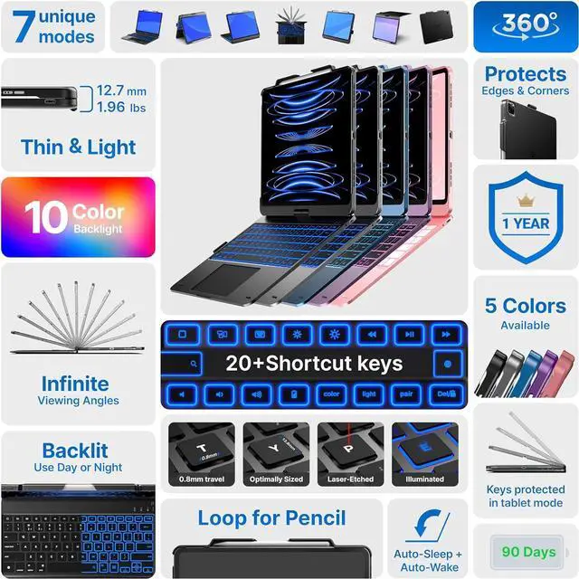 Alt view image 3 of 7 - Keyboard Case for iPad Pro 13-inch (M4, 2024) & iPad Air 13-inch (M2), Trackpad, 360° Rotatable, Wireless Keyboard, 11-Colors Backlit for iPad Pro 12.9 (6th/5th/4th/3rd Gen), Space Black