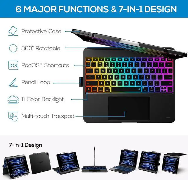 Alt view image 4 of 7 - Keyboard Case for iPad Pro 13-inch (M4, 2024) & iPad Air 13-inch (M2), Trackpad, 360° Rotatable, Wireless Keyboard, 11-Colors Backlit for iPad Pro 12.9 (6th/5th/4th/3rd Gen), Space Black
