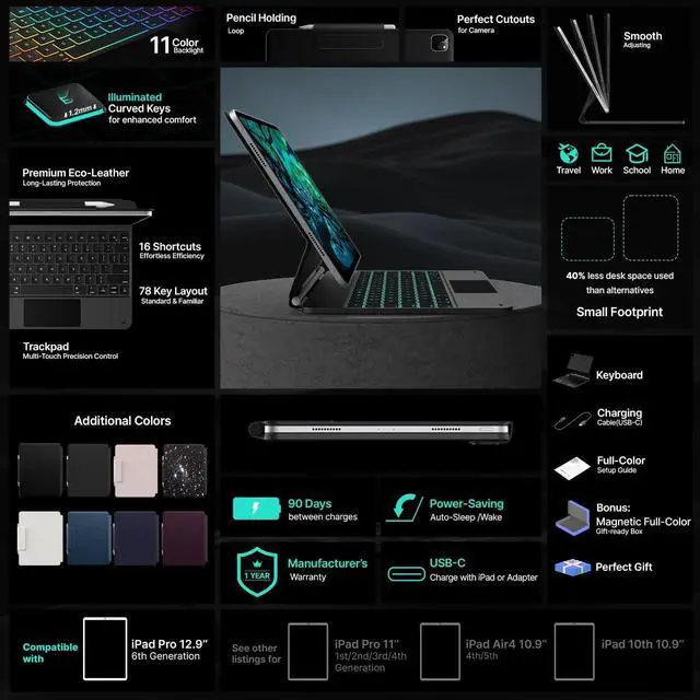 Alt view image 6 of 7 - Keyboard Case for 2024 iPad Air 13 and iPad Pro 12.9 (6th, 5th, 4th, 3rd Gen),Magic Keyboard for iPad Pro 12.9, Magnetic Keyboard Case with Multi-Touch Trackpad, 11 Colors Backlight,Black