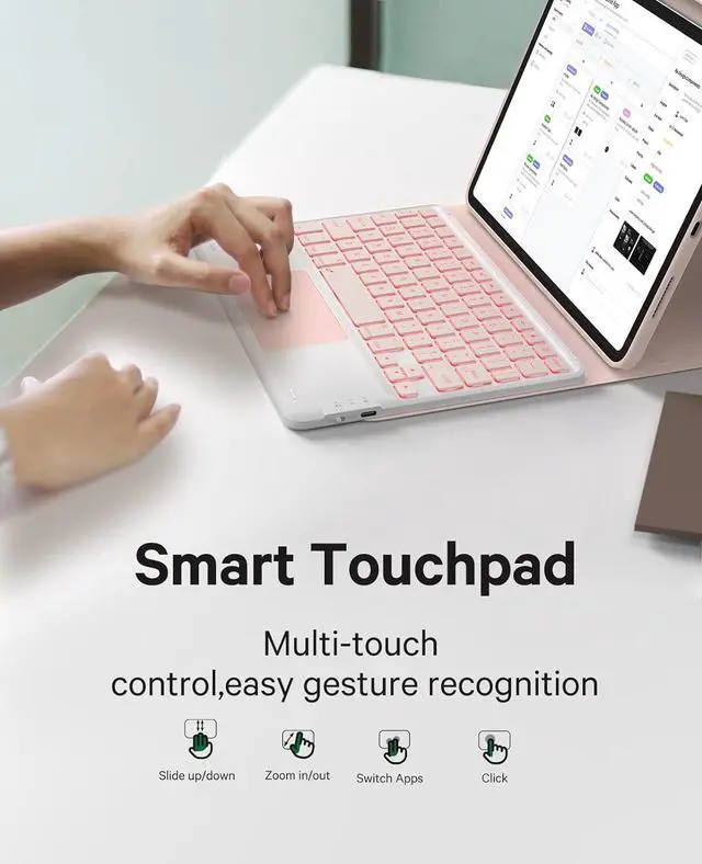 Alt view image 4 of 7 - iPad Pro 11 inch Case with Keyboard, Stain Resistant Cover, 7-Color Backlit, Smart Touchpad, 2 Device Connection, for iPad Pro 11 (4th/3rd/2nd/1st Gen), Pink Blush